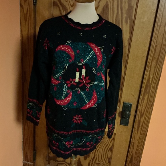 Vtg 90s oversized Christmas Wreath Glittery Sweater - Picture 7 of 13